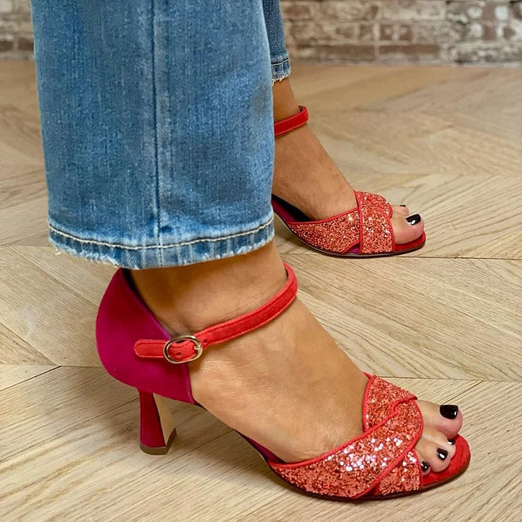Glitter Twisted Colorblock Peep Toe Red Stiletto Heels [Pre Order]