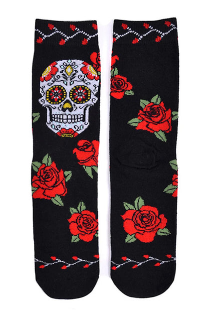 Halloween Roses Skeleton Skull Pattern Mid Calf Socks