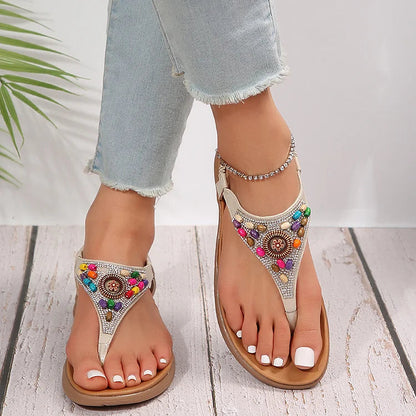 Boho Colourful Beads Rhinestone Flip Flops Elastic Band Sandals