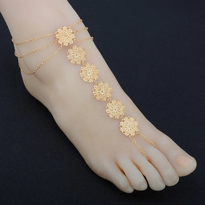 Boho Alloy Sculpture Flower Disc Layered Tassels Toe Ring Anklet