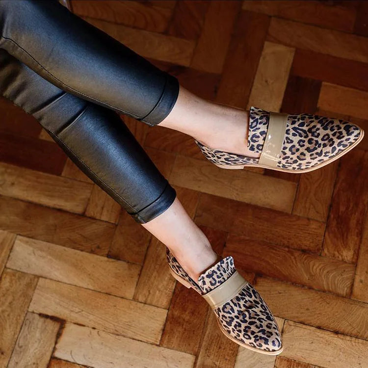 Patchwork Leopard Print Pointed Toe Khaki Loafers [Pre Order]