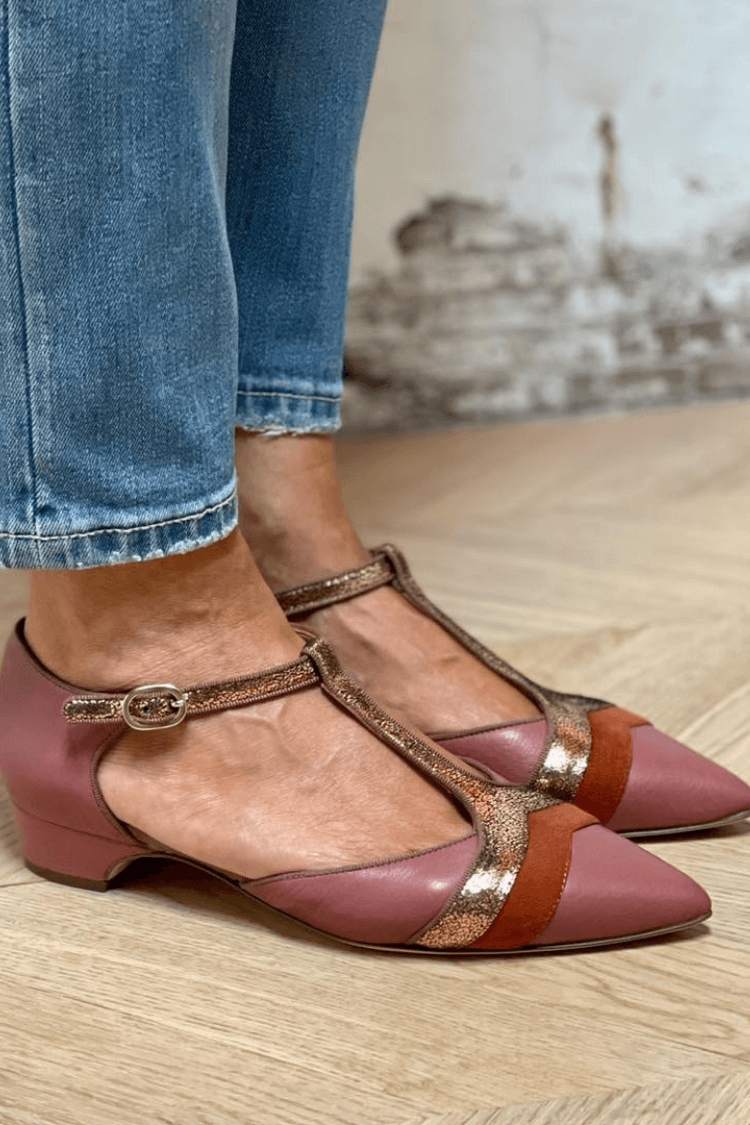 Metallic Rose Gold Colorblock T-Strap Pointed Toe Flats