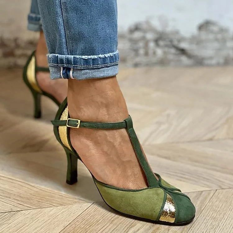 Patchwork T-Strap Buckle Closed Toe Stiletto Heels
