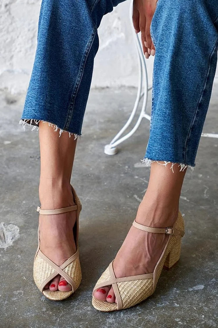 Woven Peep Toe Patchwork Beige Chunky Heels [Pre Order]