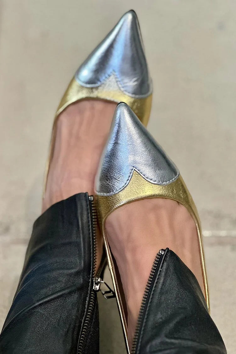 Metallic Sheen Patchwork Pointed Toe Gold Flats [Pre Order]