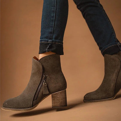 Seam Side Zip Chunky Heel Dark Brown Ankle Boots [Pre Order]