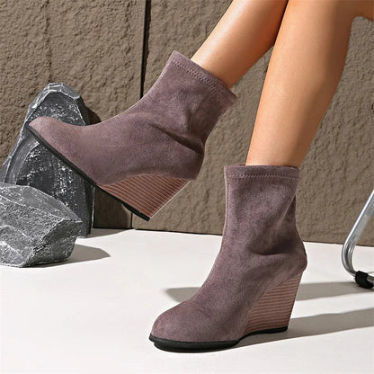 Solid Color Round Toe Wedge Heel Pull On Ankle Boots