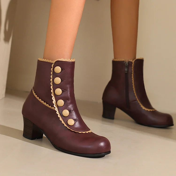 Buttons Colorblock Trim Round Toe Chunky Heel Ankle Boots