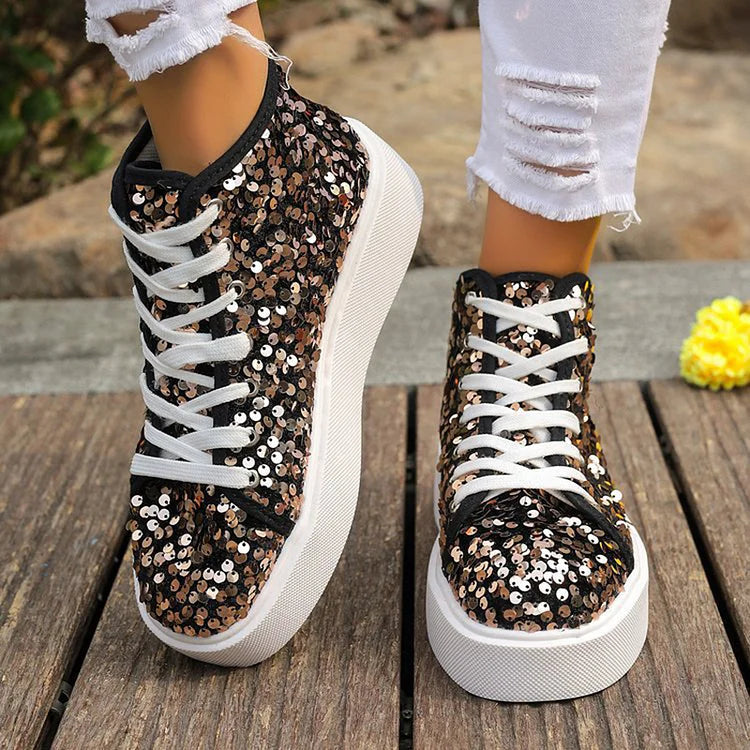 Sequins Decor Round Toe Lace Up Casual High Top Sneakers