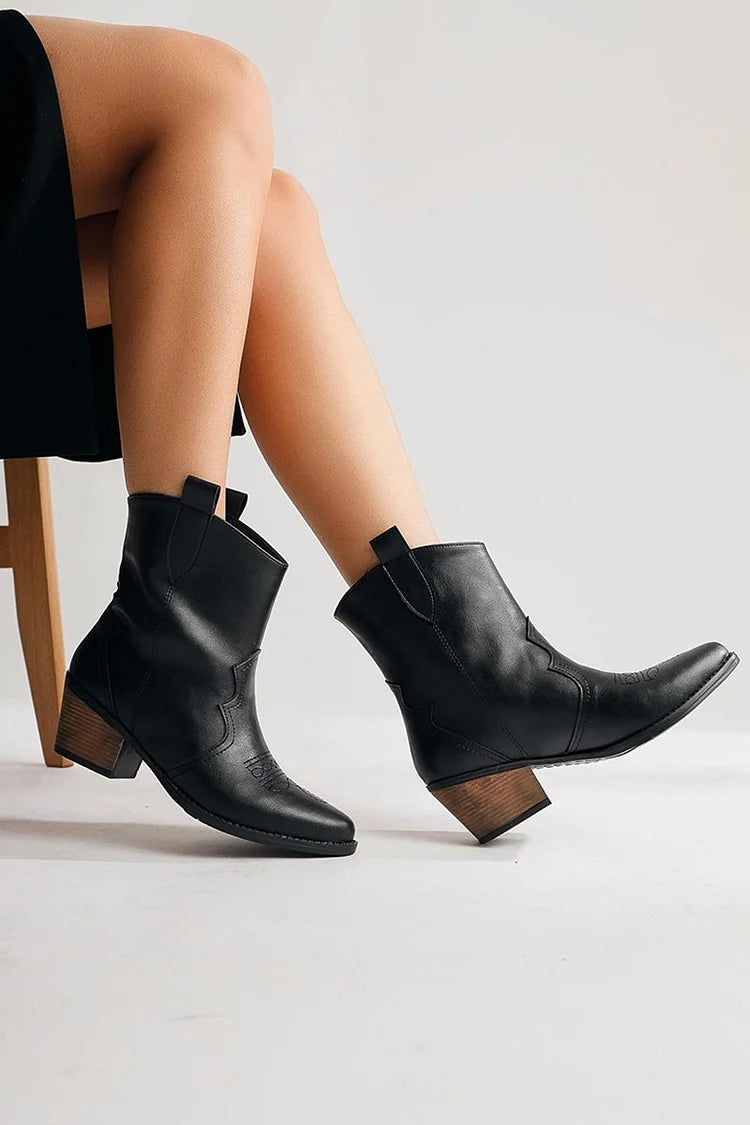 Stitch Detail Patchwork Pointed Toe Black Ankle Boots [Pre Order]