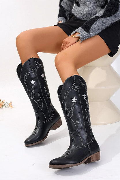 Embroidery Round Toe Patchwork Chunky Heel Knee High Boots