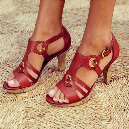 O-Ring Studded Strappy Peep Toe Solid Color Chunky Heels