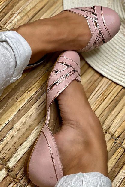 Cross Straps Hollow Out Metallic Sheen Edge Pink Flats