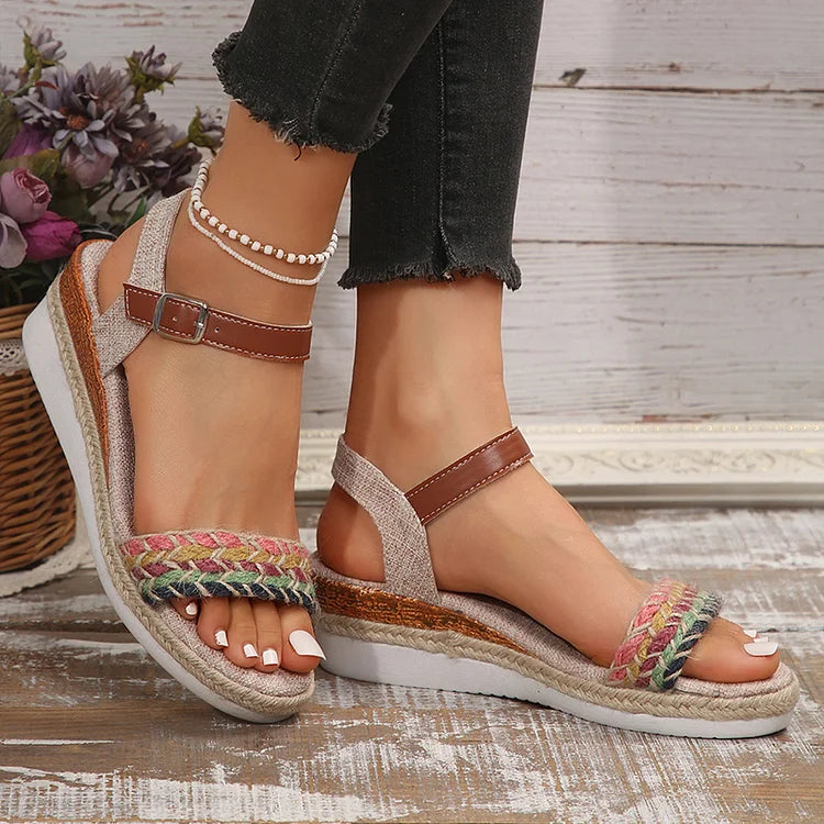 Ethnic Colored Braided Rope Ankle Strap Buckle Wedge Sandals