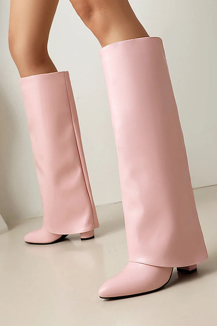 Fold Over Solid Color Pointed Toe Chunky Heel Knee High Boots