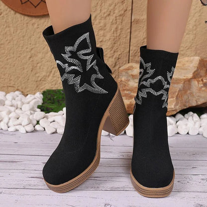 Embroidery Round Toe Chunky Heel Pull On Mid Boots