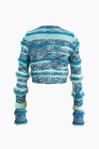 Cardigan in maglia a maniche lunghe con dettagli a righe e piume 