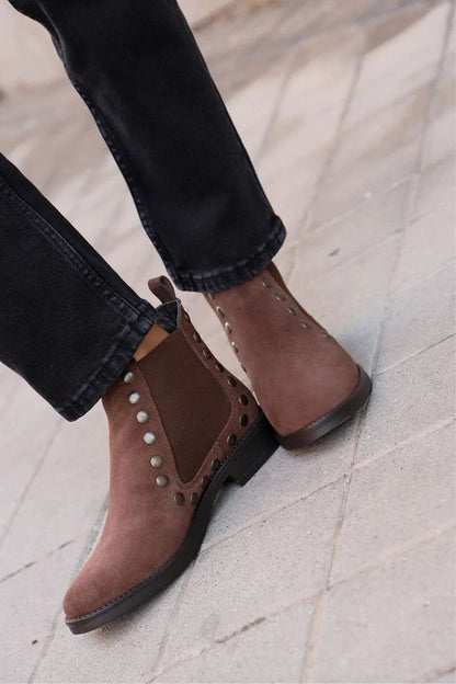 Metallic Studded Round Toe Brown Ankle Boots [Pre Order]