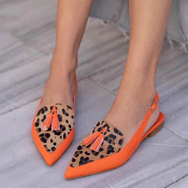 Colorblock Leopard Print Pointy Toe Slingback Strap Flats