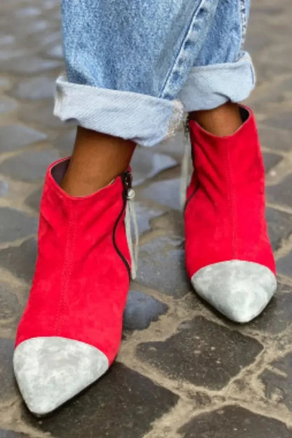 Colorblock Pointed Toe Zipper Chunky Heel Red Ankle Boots [Pre Order]