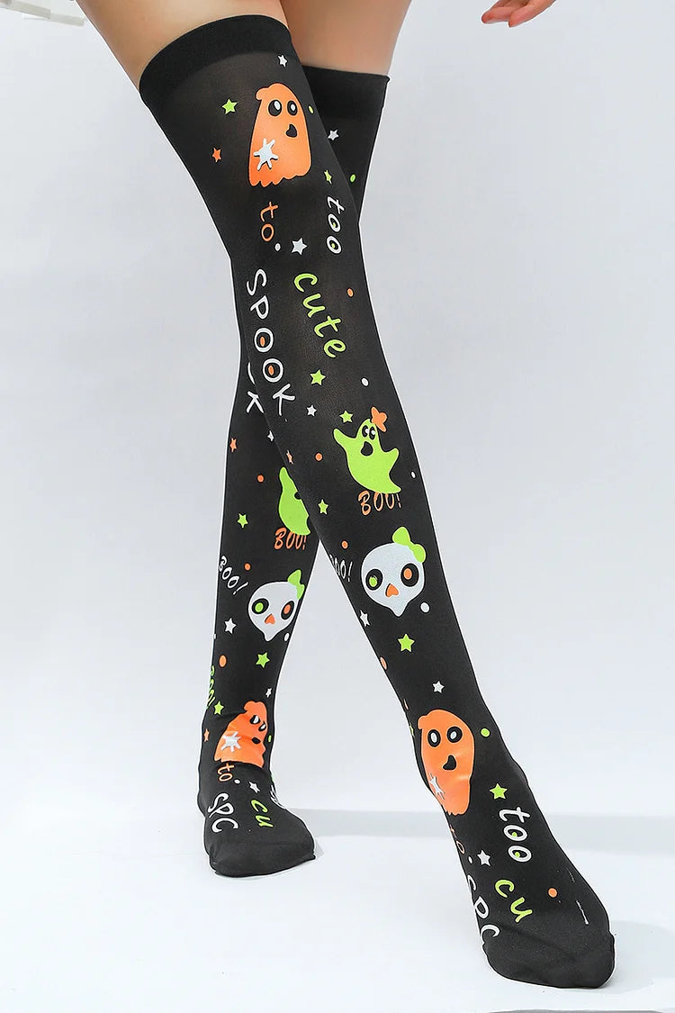 Halloween Colorblock Striped Ghost Pumpkin Print Over The Knee Socks