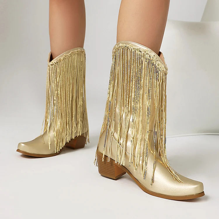 Metallic Sheen Fringed Trim Pointed Toe Chunky Heel Mid Boots