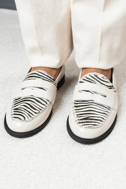 Round Toe Patchwork Zebra Print White Loafers [Pre Order]