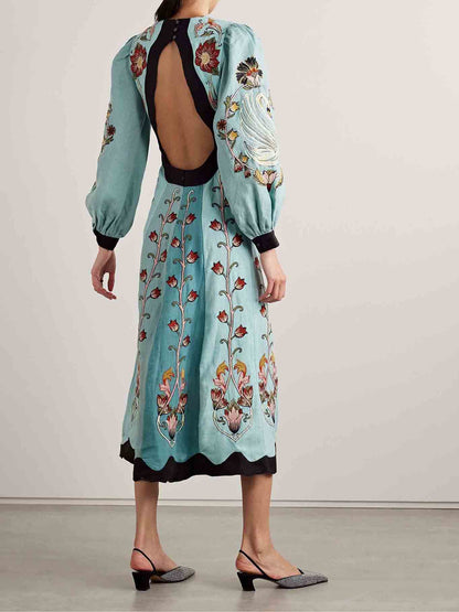 Unique Floral Print Contrast Long Sleeve Midi Dress