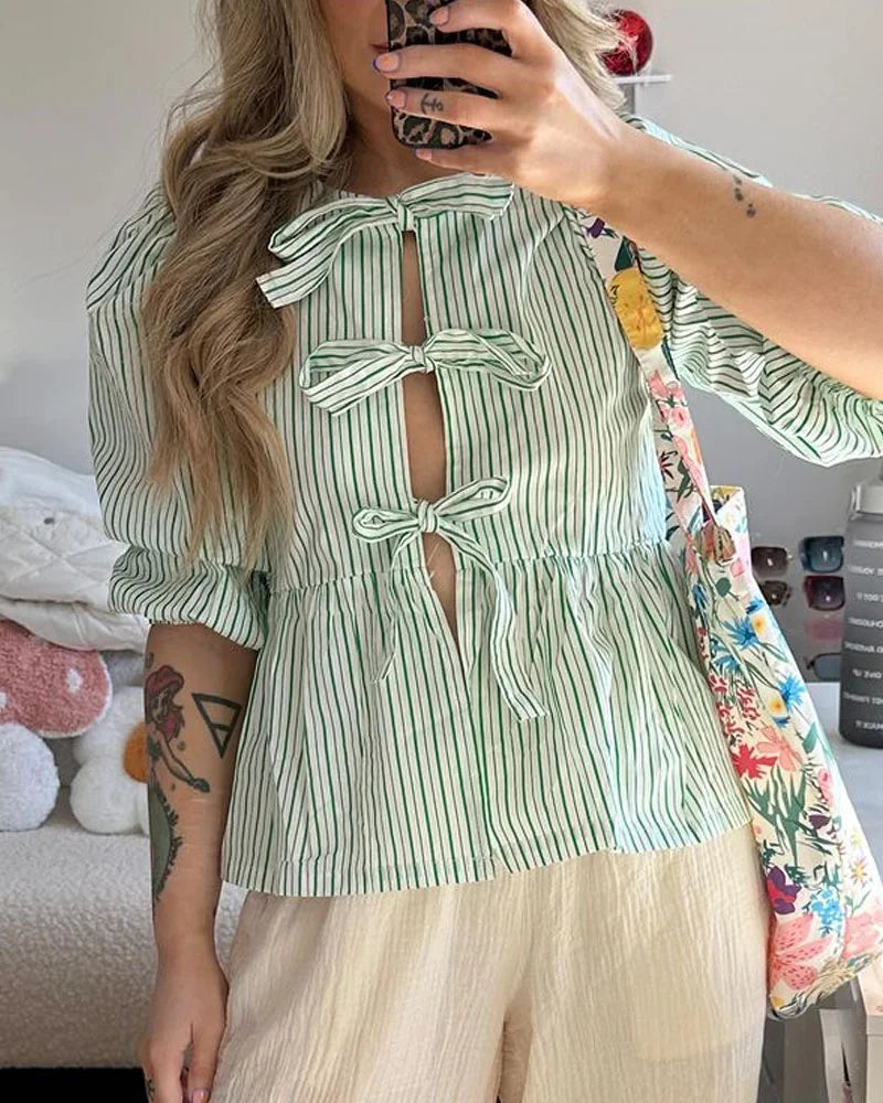 Casual Striped Bow Top & Pants Two-Piece Set