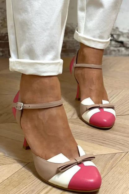 Colorblock Bow Patchwork Round Toe Fuchsia Stiletto Heels