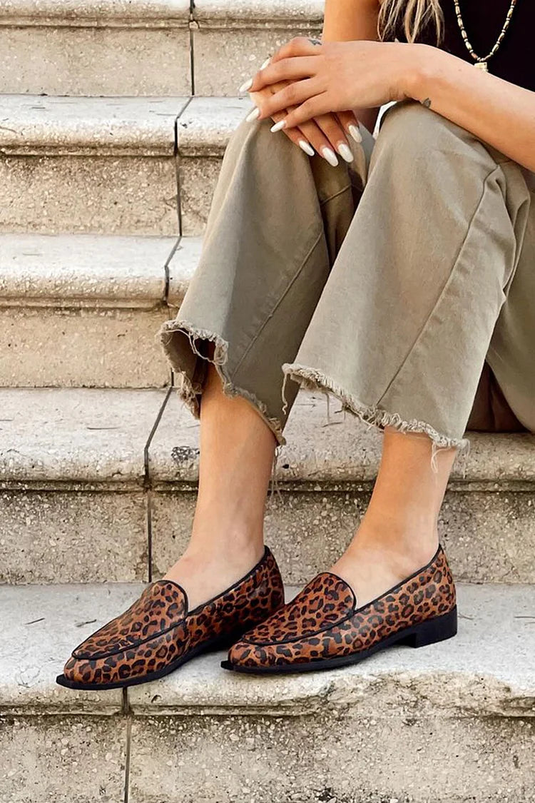 Pointed Toe Leopard Print Slip On Brown Loafers [Pre Order]