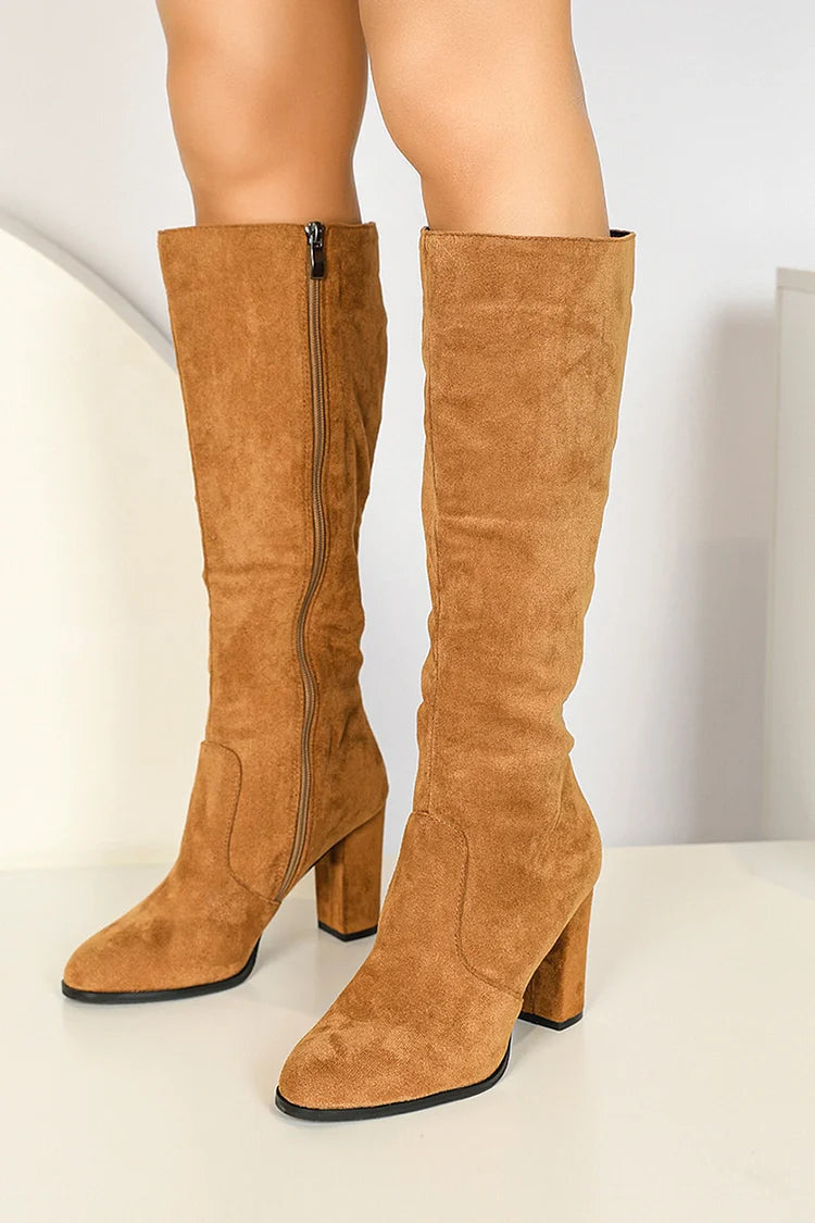 Solid Color Patchwork Pointed Toe Chunky Heel Zipper Knee High Boots