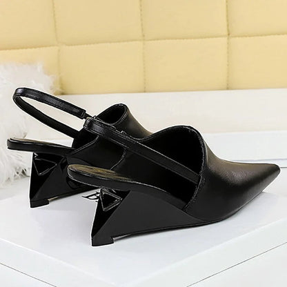 Elegant Solid Color Pointy Toe Slingback Strap Wedge Heels