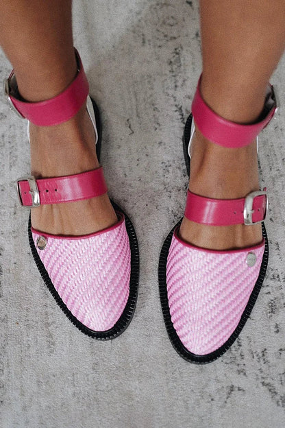 Two Straps Buckles Colorblock Round Toe Pink Flats [Pre Order]