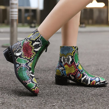 Multicolor Snake Print Patchwork Zipper Round Toe Ankle Boots