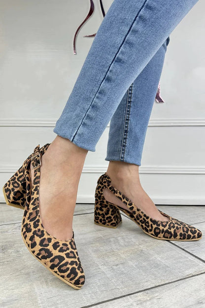 Cutout Pointed Toe Leopard Print Khaki Chunky Heels [Pre Order]