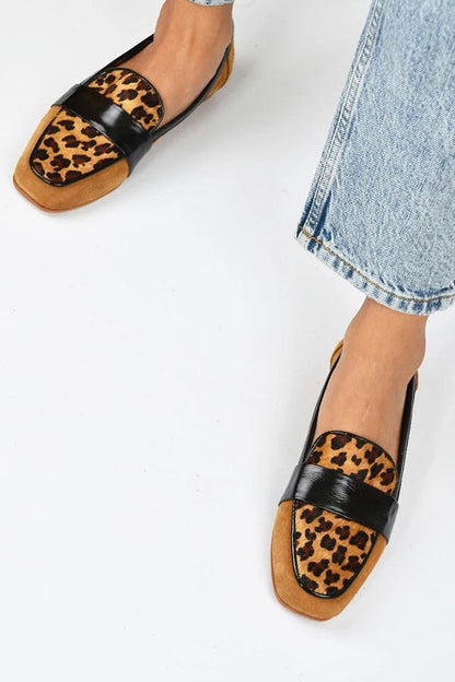 Leopard Print Patchwork Square Toe Brown Loafers [Pre Order]