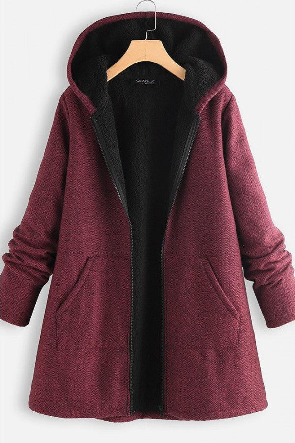 Solid Color Hooded Zipper Long Sleeves Fleece Warm Coat