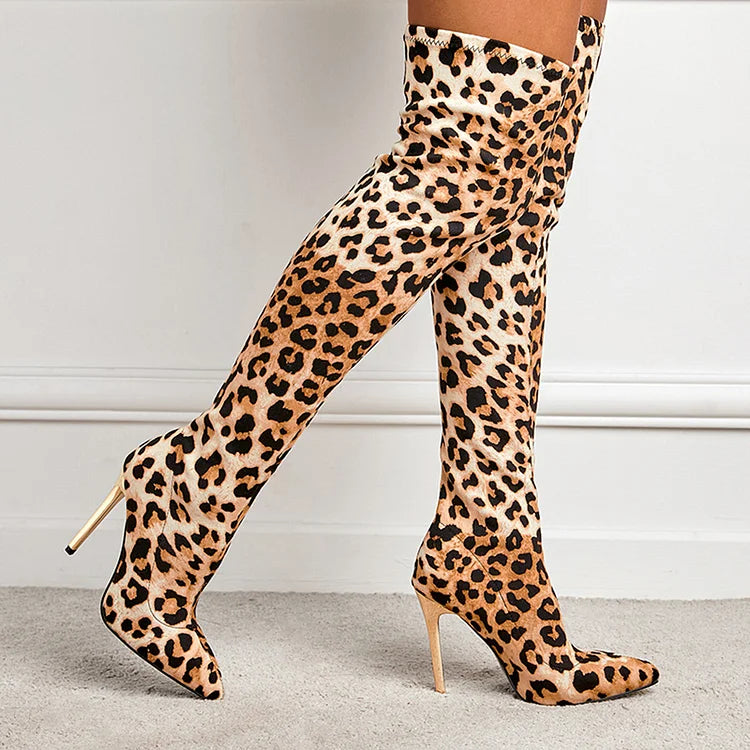 Leopard Print Pointed Toe Stiletto Heel Pull On Over The Knee Boots