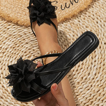 PU Leather Floral Strap Round Toe Casual Flip Flops Slippers