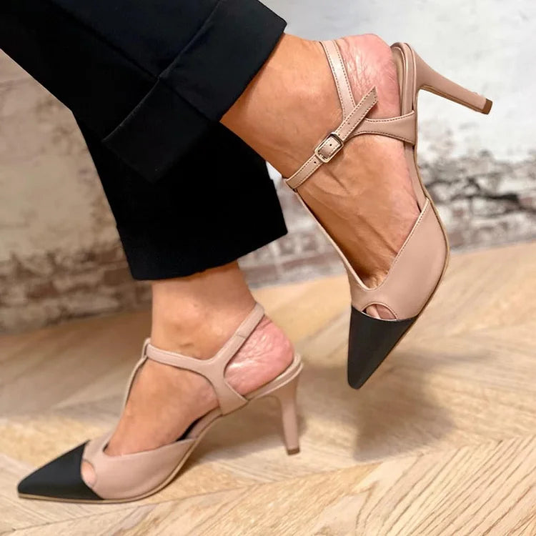 Colorblocking T-Strap Cut Out Pointed Toe Beige Stiletto Heels