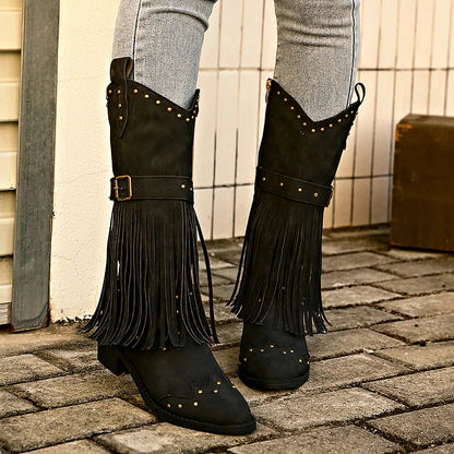 Metal Rivets Fringed Trim Pointed Toe Chunky Heel Mid Calf Boots