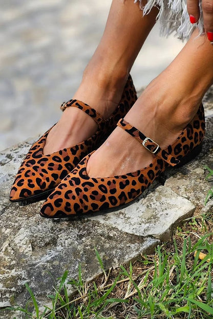 Leopard Print Instep Strap Buckle Pointed Toe Brown Flats [Pre Order]