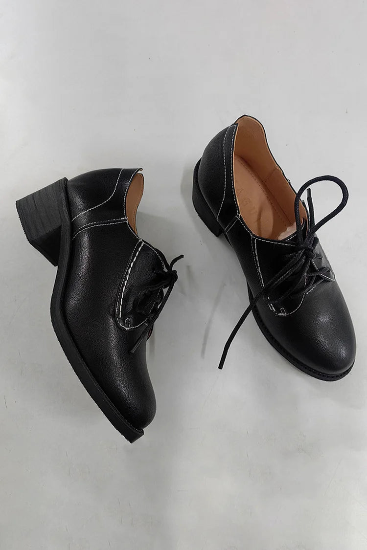 Stitch Detail Round Toe Lace Up Chunky Heel Oxfords