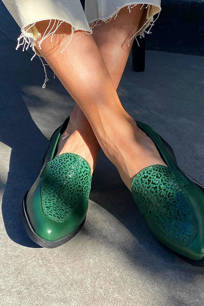 Leopard Print Patchwork Pointed Toe Green Loafers [Pre Order]