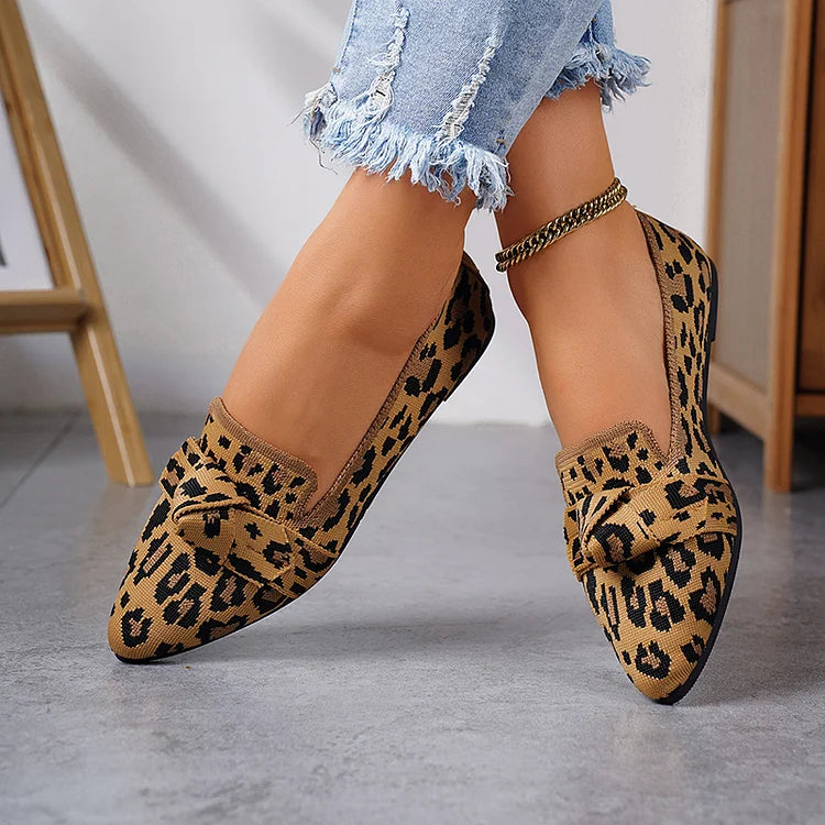 Leopard Pattern Knotted Pointed Toe Slip On Flats