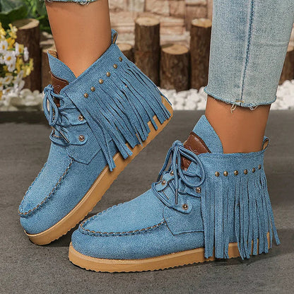 Fringed Trim Round Toe Metal Rivets Lace Up Ankle Boots