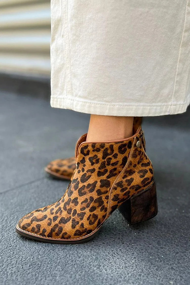 Leopard Print Pointed Toe Brown Chunky Heels Boots [Pre Order]