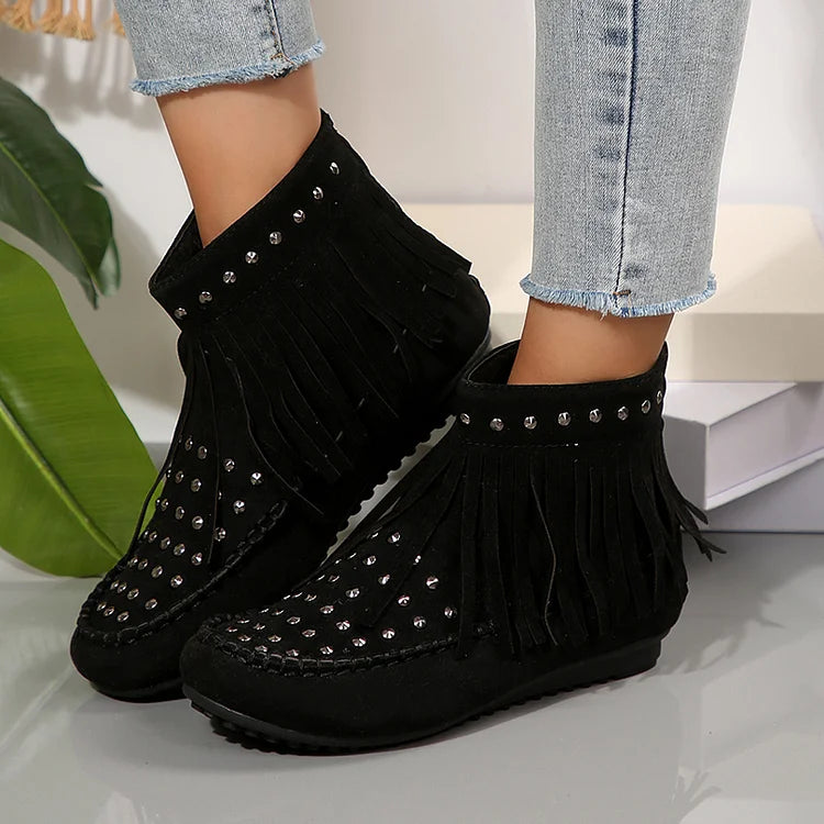 Metal Rivets Round Toe Fringed Trim Zipper Ankle Boots