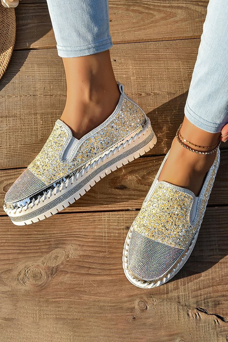 Rhinestone Decor Glittering Stitch Detail Round Toe Loafers